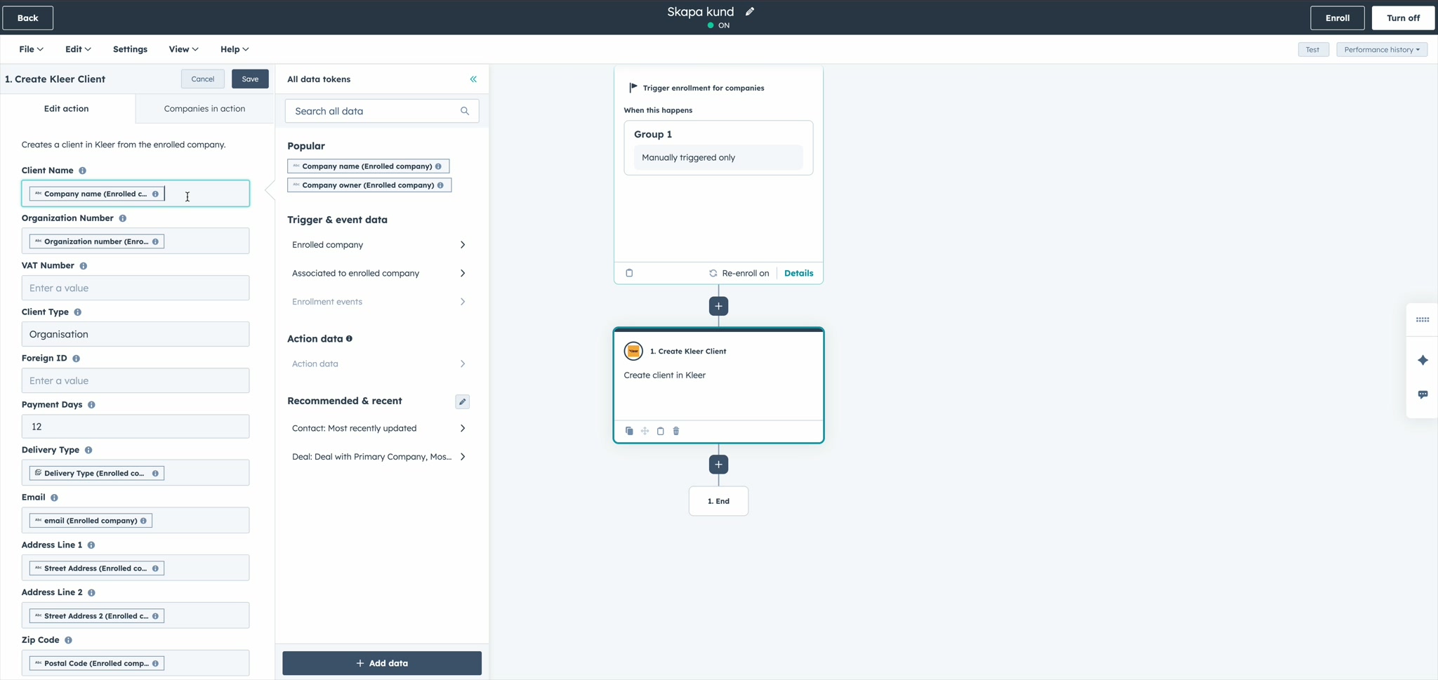 Skapa Kleer-objekt från HubSpot-workflows