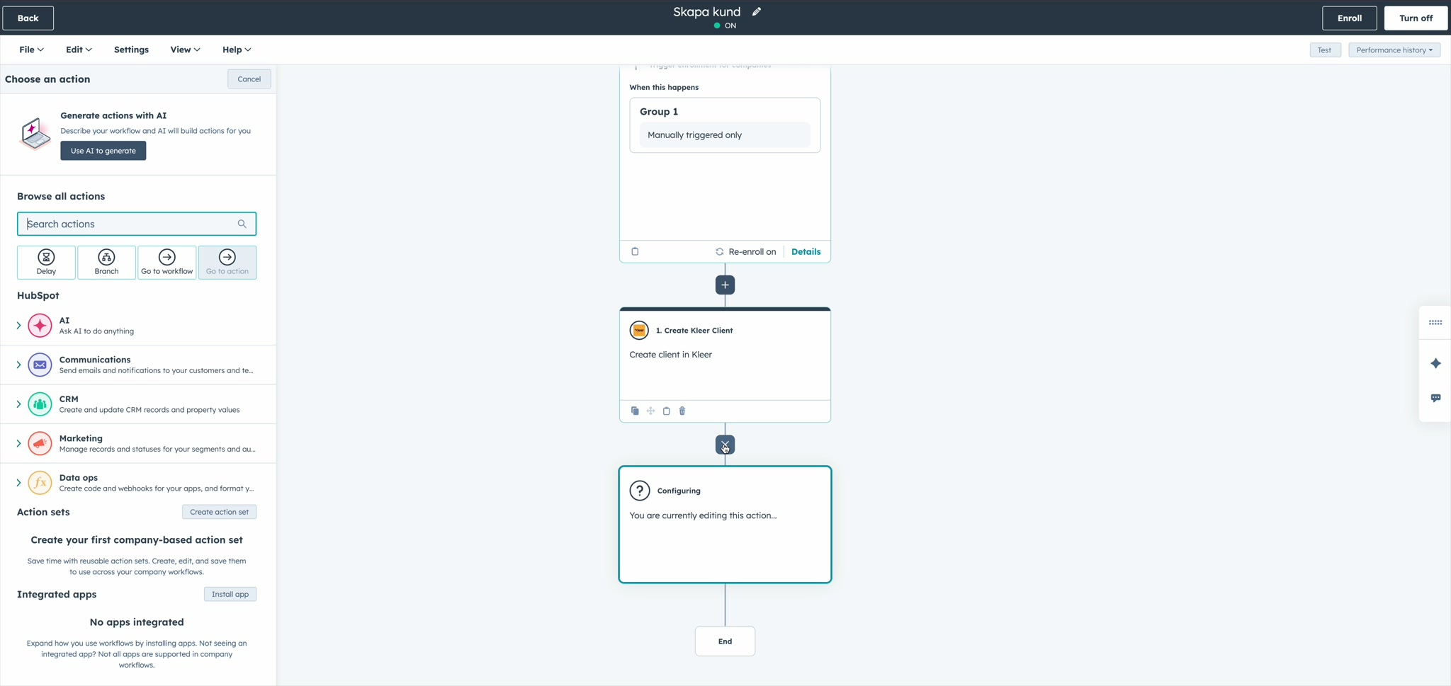 Workflow med Create Kleer Client-action